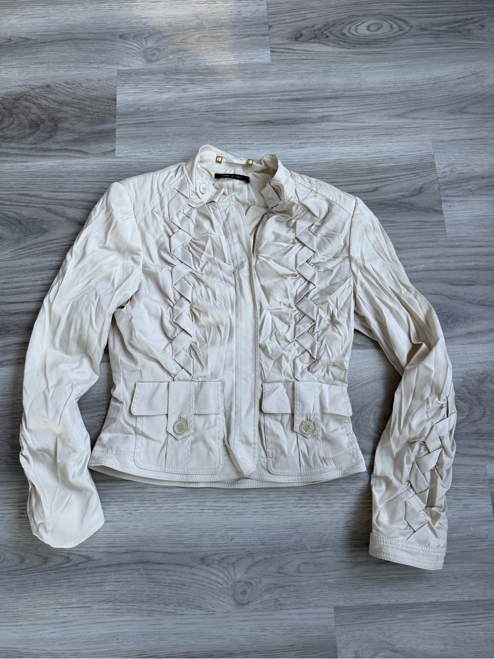 Gucci Cream Leather Jacket with Ruffled Lattice Detailing